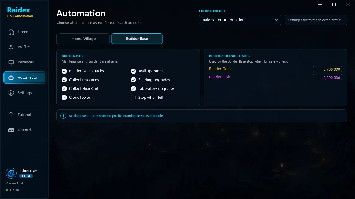 Raidex Builder Base Automation page with attacks, collection, Clock Tower, upgrade, and storage limit choices