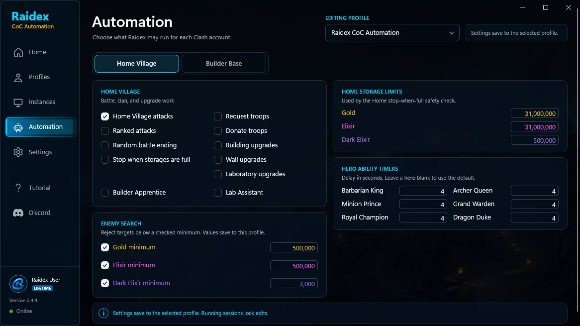 Raidex Home Village Automation page with attack, upgrade, donation, storage, loot, and Hero timer choices