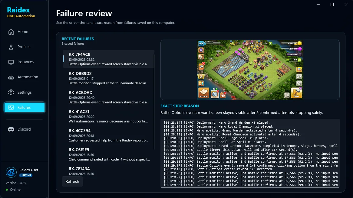 Raidex Failure review page with saved failures, a game screenshot, exact stop reason, and activity log