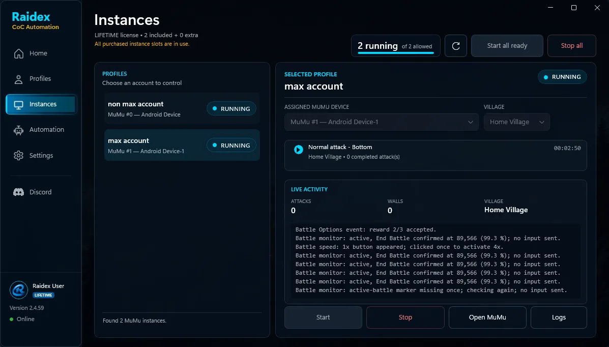 Raidex Instances screen showing two profiles running on separate MuMu devices