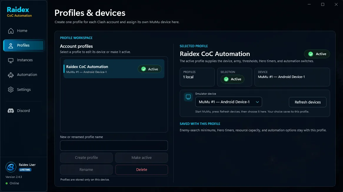 Raidex Profiles and devices screen with one active profile and its assigned MuMu device