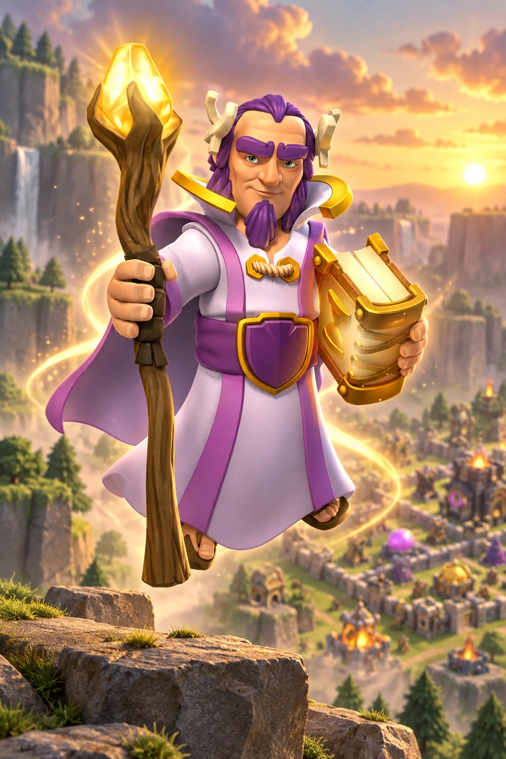 Grand Warden with purple hair, book and crystal staff