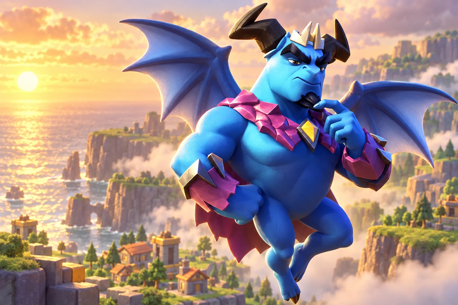Minion Prince hovering over a village at sunset
